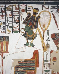 Ozirisz, freskó, keleti fal, keleti oldalkamra, Nefertari sírja (QV66), Királynők Völgye, Théba (Unesco Világörökség listája).