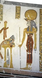 Egyiptom, Théba, Luxor, A Királyok Völgye, Mentuherkhepeshef herceg sírja, Bastet macskafejű istennő falfestménye, 20. dinasztia