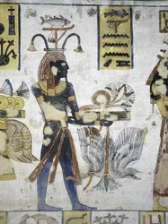 Egyiptom, Théba, Luxor, a Királyok Völgye, Ramszesz III. sírja, rituális felajánlások falfestménye, a huszadik dinasztiából