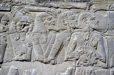 Dombormű, amely az „északi foglyokat” ábrázolja a Ramszesz III-i csatában, Medinet nagy temploma (kő)