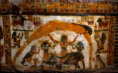 Egyiptomi antikvitás: Boutehamon (Butehamon), királyi írnok által festett fából készült szarkofág. Thébából. 21. dinasztia. Kr.e. 990-970. A világ teremtését bemutató részlet. Torino, egyiptomi múzeum