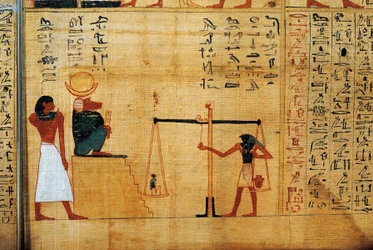 Imenemsauf mitológiai papirusza, Amon főhordozója. Részlet: a lélek mérlegelése Thoth páviánisten előtt
