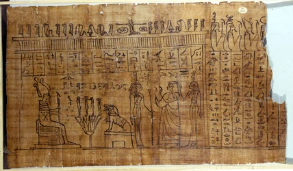 A halottak könyve: Egyiptomi hieroglifa a 22. dinasztia papiruszán. Kr. e. 9. század. Torino, Egyiptomi Múzeum.