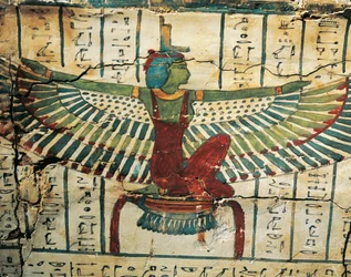 Painted, lacquered wood, depicting Goddess Isis with spread wings, on Sarcophagus of Cesraperet from West Thebes