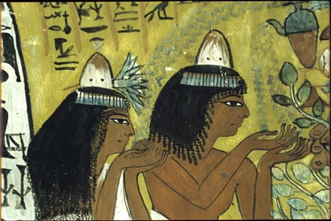 Ókori Egyiptom, falfestmény, Szennedzsem és felesége imádják Íziszt a perzsafánál, Szennedzsem sírja, Théba, Deir el Medina