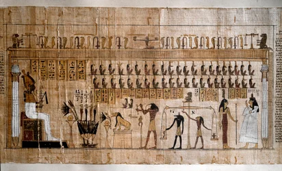 Egyiptomi ókor: a lelkek megmérése (pszichosztázis). Papirusz egy Halottak könyvéből. Torino, Egyiptomi Múzeum.