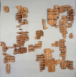Egyiptomi antiquitis: a Royal Canon vagy „Papyrus royal” néven ismert papirusz töredékei, amelyek az 1-17. dinasztia fáraóinak listáját tartalmazzák. Torino, egyiptomi múzeum