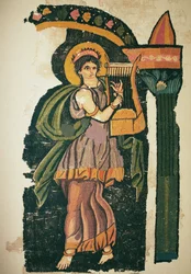 Lírán játszó nő, 5-6. század (gyapjúszövet)