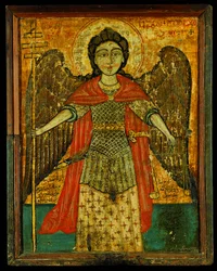 Mihály arkangyal ikonja (tojás tempera a panelen)