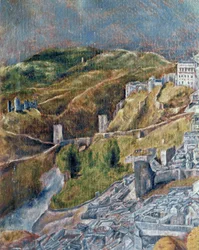 Toledo látképe és térképe (festmény vászonra)