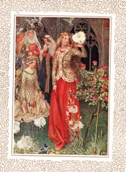 Guinevere és hölgyei az aranykorban, illusztráció Alfred Tennyson (1809-92) „A király idilljei” című könyvéből, kiadó: Hodder & Stoughton