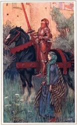 Yniol rozsdás karjai fejedelmi személyén voltak..., illusztráció Alfred Tennyson (1809-92) „A király idilljei” című művéből, a Hodder & Stoughton kiadásában