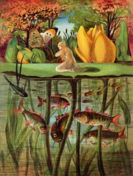 Hüvelyk Panna nagyon elkeseredve a tündérrózsa levelén, a Hans Christian Andersen meséiből származó „Thumbkinetta” című műben, 1872
