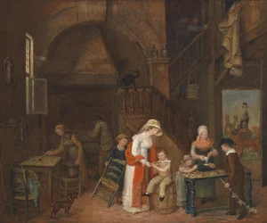 Látogatás a süteménysütőnél, homályosan aláírva (az asztalon), dátum: M. E. De Latour 1822