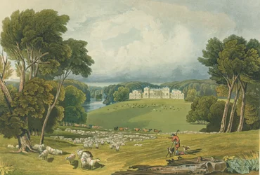 Kilátás a Holkham Hallra, Norfolk, metszett: Robert Havell (1769-1832) 1818 (színes metszet)