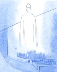 Amikor egy új pap kezeit felkenték ("Jézus óvjon meg téged?"), Krisztus, a mi püspökünknek öltözve, a szentélyben állt, 2001 (papíron).