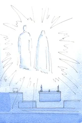 Amint üdvözöltem Krisztust a tabernákulumban, láttam őt a magasban a szentélyben megjelenni édesanyjával egy évfordulós látogatásra, 2003 (papíron nem)