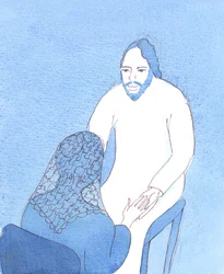 Krisztus valóban jelen van velünk a Szentségben. A szentáldozásban ugyanolyan közel vagyunk hozzá, mint a barátai, amikor mellette ültek Galileában, 2005 (akvarell, papír).