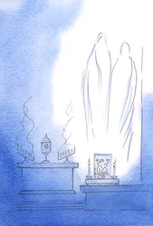 Szűzanya és Szent József örült, hogy két szent segítőként velünk lehettek, és hallhatták „az isteni dicséretet”, amelyet Krisztus jelenlétében imádkoztunk, 2002 (papíron)
