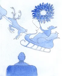 A karácsony jelentése: 2005 (akvarell, papír): Az Úr egy óriási lombkoszorút, majd a Mikulás sziluettjét ábrázolta szánon, amint rénszarvasait hajtja.