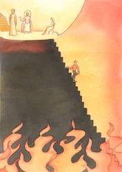 Választhatunk, hogy leereszkedünk a bűnbe és a pokolba, vagy követjük Krisztus Mennybe vezető útját, 2005 (akvarell, papír)