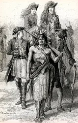 Magua vezeti Munro ezredes lányait, Duncan Heyward őrnagy és David La Gamme őrnagy társaságában.