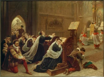 Maria Stuart… az első mise hallatán / Gem. Emanuel Leutze