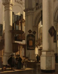 Protestáns, gótikus templom belseje, a kórusban egy sírásó Egy protestáns gótikus templom belseje Amszterdam régi és új templomának motívumaival