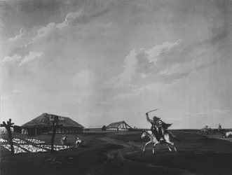 Estancia (farm) a San Pedro folyón, Maile és Sutherland metszet, 1820 (litho) (bw fotó)