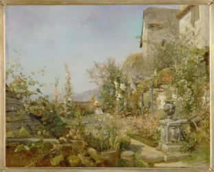 Blumengarten in Weissenkirchen - Virágos kert Weissenkirchenben ... (olaj, fa)