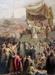 Clairvaux-i Szent Bernát a második keresztes hadjáratot prédikálja Vezelay-ben, 1146. március 31. - metszet Emile Signol után - Saint-Bernard de Clairvaux (San Bernardo di Chiaravalle) a második keresztes hadjáratot hirdeti VII. Lajos király és Alienor kir