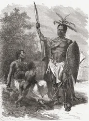 A közép-afrikai ougogói születésű, háborús ruhában, illusztráció a „The World in the Hands” című könyvből, 1878-ban