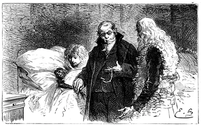 Emile Bayard illusztrációja Hector Malot „” Sans Famille” című regényéhez: Joli-Coeur (szép szív), a beteg tudós majmot egy orvos megvizsgálja (auszkult egy orvos, aki elveszi tőle a csirkét) Remi és Monsieur Vitalis – Hetze