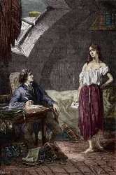 Marius és Eponine, a Thenardier házaspár idősebb lánya, aki szerelmes Mariusba. Illusztráció Victor Hugo (1802-1885) „A nyomorultak” című regényéhez, Emile Bayard illusztrációja - (Eponine Thenardier (Jondrette-lány) és Marius), metszet, magángyűjtemény
