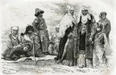 Szegény és gazdag kirgiz nők. Emile Bayard metszete az Orenburgtól Szamarkandig tartó utazási benyomások illusztrálására, Marie de Ujfalvy-Bourdon 1876 és 1878 között, a Tour du monde-ban, Edouard Charton rendezésében