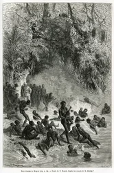 Sir Henri Morton Stanley (1841-1904) a Karagoue régió (Kamerun) fürdőzői között, akik alámerülnek a Mtagata-szoros meleg- és gyógyvizes medencéjében, Emile Bayard rajza, hogy illusztrálja a „Through the Mysterious” című történetet. kontinens”, a