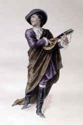 Almaviva grófja, Beaumarchais (1732-1799) A sevillai borbély című művének szereplője, 1773-ban alkotva. Émile Bayard illusztrációja.