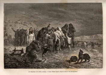Az eszkimálok csodálkozása, amikor Friedrichsthal (Grönland) környékén felfedezik a zenedobozokat, amelyeket Emile Bayard rajza után vésett, amely a La Germania és a La Hansa hajók 1869-1870-es északi sarki útját illusztrálja, He kapitány alkotása.