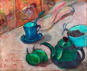 ""Nature morte a la theiere, tasse et fruit"" (Csendélet teáskannával, csészével és gyümölccsel) Peinture d