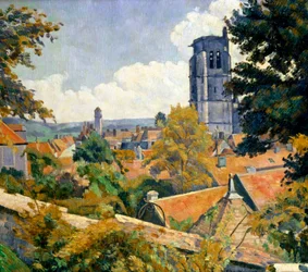 "Tonnerre látképe a Notre Dame templommal. A burgundiai Yonne megyében fekvő Tonnerre város tetőinek látképe. Emile Bernard (1868-1941) festménye.