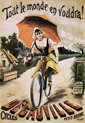 Vintage poszter a piros esernyőt tartó kerékpáros nőről