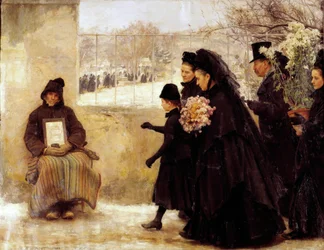 Mindenszentek. Egy temetőbe tartó gyászoló család érmét ad egy alamizsnát kérő öregembernek. Émile Friant (1863-1932) festménye, 1888, M. 2,54 x 3,34 m, Nancy, Musée des Beaux-Arts