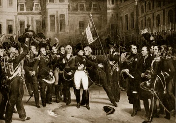 Napóleon búcsúja tábornokaitól Fontainebleau-ban, 1814, illusztráció a „Hutchinson története a brit nemzetről“ című műből, 1923 körül