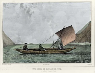 Balsa vagy kiütéses csónak a Titicaca-tavon (Bolívia). Emile Lassalle (1813-1871) litográfiája – Alcide D
