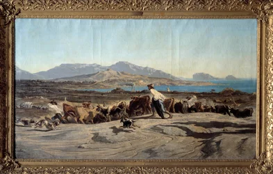 Marseille látképe az Aygaladesről, egy napos séta Fiatal pásztorok előterében a csordával. Emile Loubon (1809-1863) festménye 1853 Dim. 1,40 x 2,60 m Marseille. Szépművészeti Múzeum