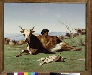 Fiatal patre furulyán játszik. Emile Loubon (1809-1863) festménye. Kötelező említés: Collection fondation regards de Provence, Marseille
