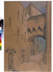 A nagyfok kezdete és a híd megerősít. Mont Saint Michel. Emile Sagot rajza. Avranches Városi Múzeum (Manche)