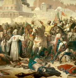 Részlet: Első keresztes hadjárat: „Jeruzsálem elfoglalása a keresztesek által 15/07/1099” - Bouillon Gottfried hálát ad Istennek Remete Péter jelenlétében