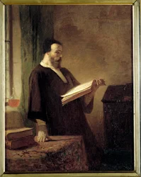 Egy bibliofil Egy férfi, aki könyvet olvas. Emile Vaude (1819-1884) festménye, 19. századi Troyes Szépművészeti Múzeum