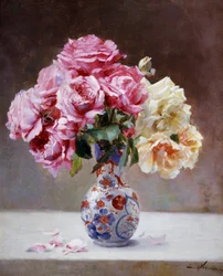 Rózsák csendélete vázában. Emile Vernon (1872-1919) festménye Magángyűjtemény.